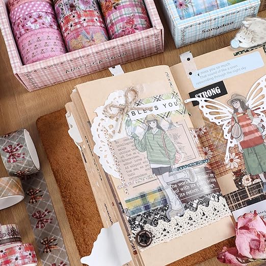 10 Rolls Vintage Floral Washi Tape Set Pastel Plaid Arts Adhesive Tapes Soft Colors Decorative Masking Tape Sets for Craft, Kids, Scrapbook, DIY, Gift Wrapping (Pink Blossom)