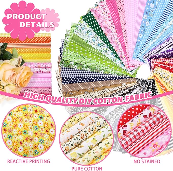 Oudain 100 Pcs 10 x 10 Inch Cotton Fabric Squares Multicolor Precut Quilting Fabric Bundles Floral Patchwork Materials for Holiday DIY Craft Cloths Handmade Sewing Scrapbooking