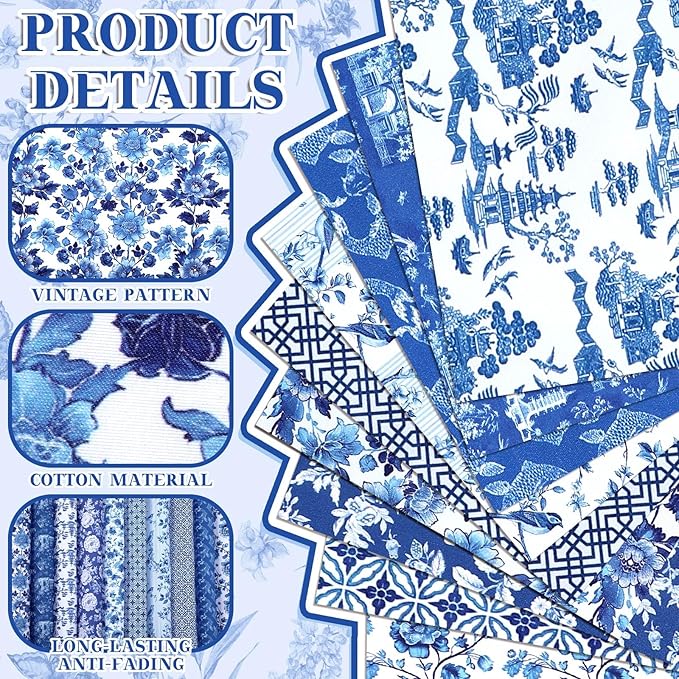 Hahafelt 10 Pcs Vintage Floral Quilting Fabric Bundles 18 x 22 Inch Blue White Porcelain Flower Fat Quarters Chinoiserie Precut Quilting Patchwork for DIY Sewing DIY Craft Decor
