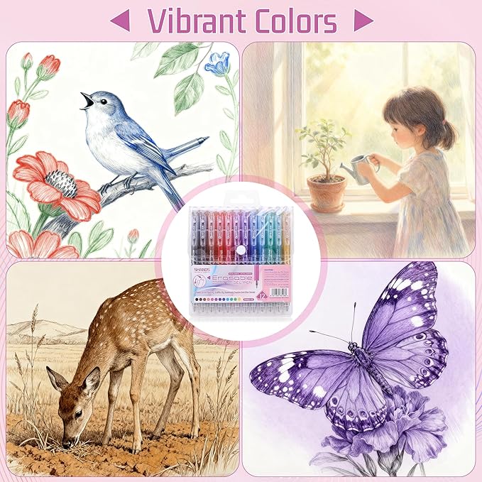 Erasable Gel Pens, 12 Colors Retractable Fine Point Erasable Pens Clicker, Assorted Color Inks, Make Mistakes Disappear for School Office Home, Drawing Writing Planner, Coloring