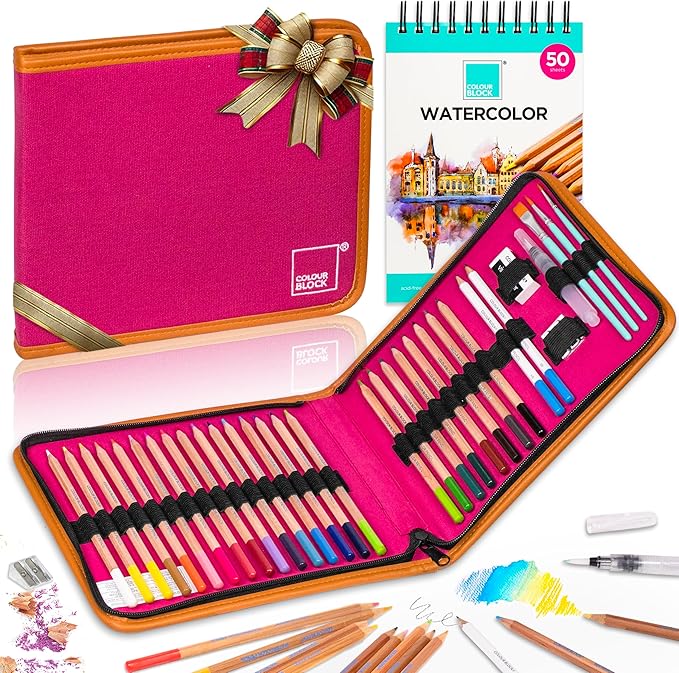 COLOUR BLOCK Watercolor Pencil Travel Art Set I 34pc Professional Drawing Kit, 50Sheets Drawing Pad, Paint Brushes I Vibrant Pigments for Coloring, Blending