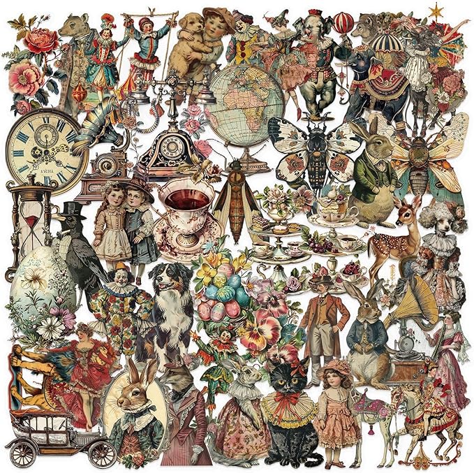 50 Pcs Vintage Victorian Ephemera Stickers – Clear Scrapbooking Supplies with Retro Animals, Flowers, Circus & Antique Objects – Aesthetic Journal Decor for Resin Crafts, Journals, Planners
