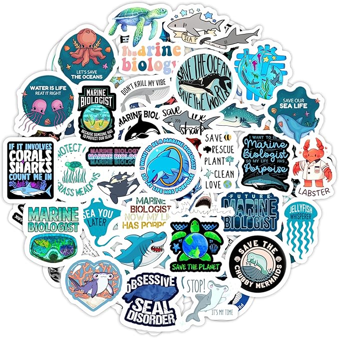 BulbaCraft Marine Biology Stickers for Water Bottle and Laptop - Marine Biology Party Supplies & Decorations, Waterproof Vinyl Decals, Ocean Stickers, Gifts for Women & Men