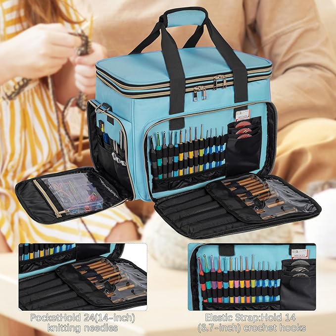 Large Knitting Bag Yarn Storage Organizer,Portable Crochet Tote Bag,Yarn Bags for Crocheting On The Go for Knitting Needles, Crochet Hooks, Knitting Accessories, Unfinished Project