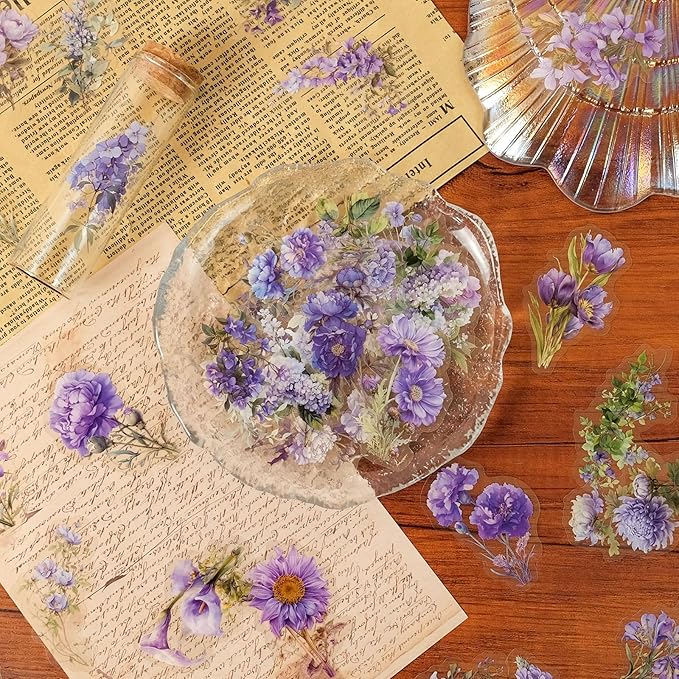 50pcs Purple Flower Stickers for Scrapbooking - Waterproof Transparent Floral Botanical Sticker for Journaling, Crafts, Art Projects, Glass Potion Bottles