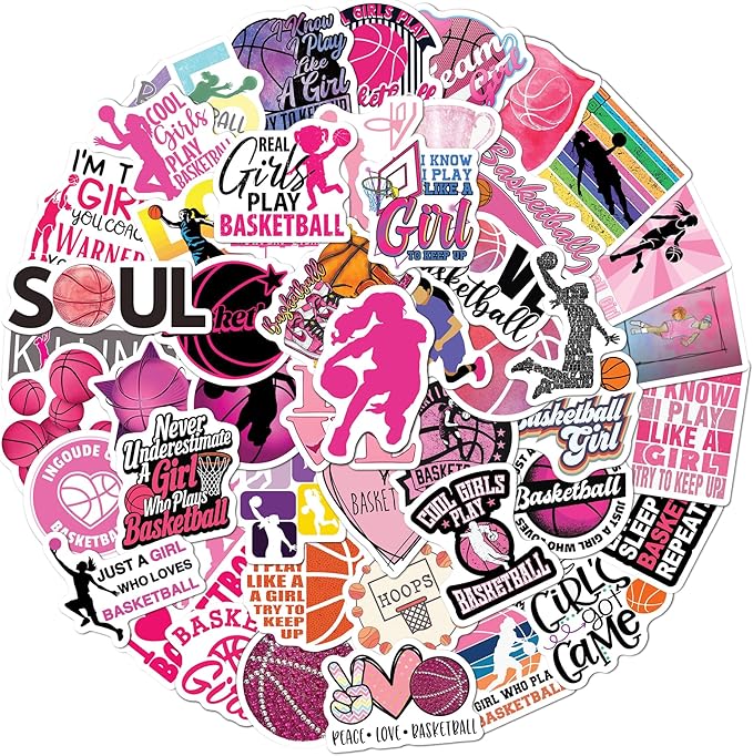 BEATRI Basketball Girl Stickers 50Pcs Women Basketball Waterproof Vinyl Decor & Party Favors for Laptop, Water Bottle, Skateboard & Travel Gear | Non-Repeating Decals, High-Definition Print
