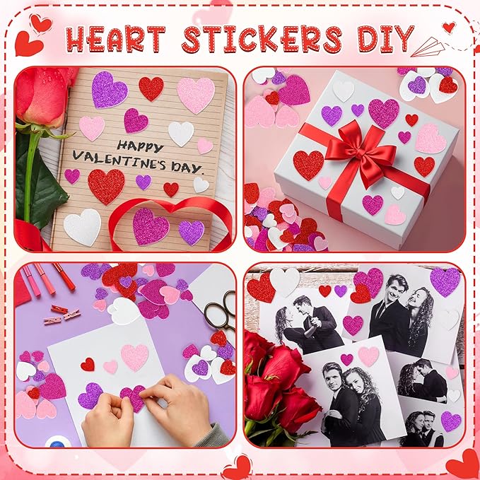 300 PCS Valentines Stickers, Self-Adhesive Foam Heart Stickers Valentines Decor, 3 Sizes Glitter Valentine Crafts, Red Purple Heart Themed Decor for DIY Scrapbooking Cards Craft Supplies