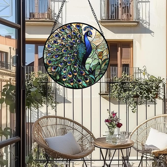 Stained Glass Window Hanging, Turquoise Peacock Sun Catcher for Door Home Decor Blue Green Suncatcher Christmas Mother's Day Birthday Gifts for Women Men Mom and Nana 7.8 in