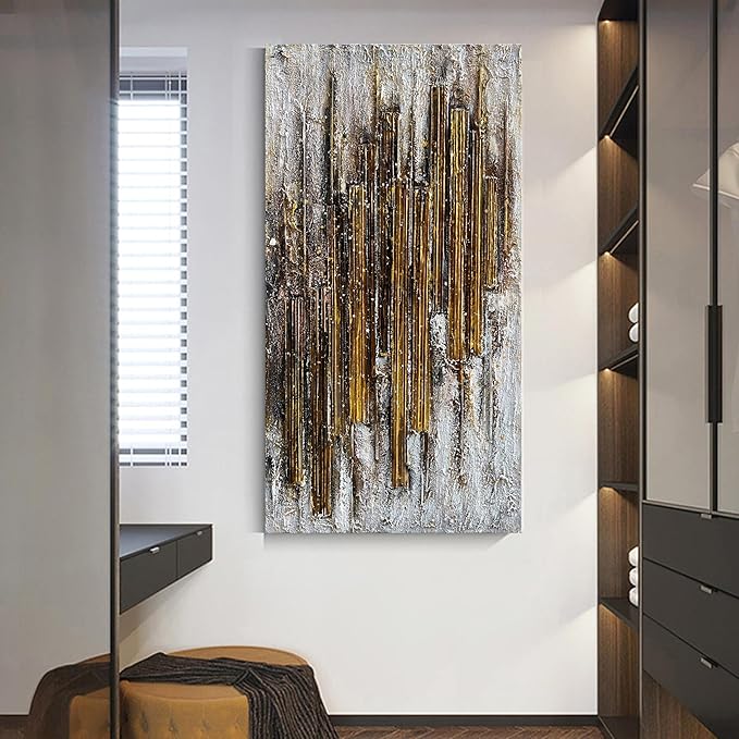 Hand Painted 24x48 inch White and Gold Abstract Wall Decoration Oil Painting Thick Texture Minimalist Art