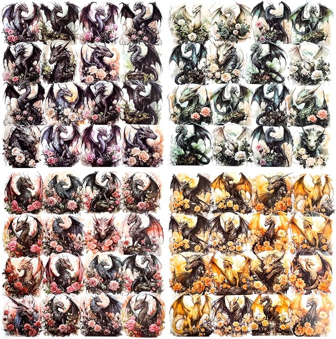 80 Pcs Gothic Aesthetic Dragon Rose Stickers for Scrapbooking – Large Dark Fantasy Vintage Mythical Creature Clear Decals for Journals, Planners, Goth Crafts