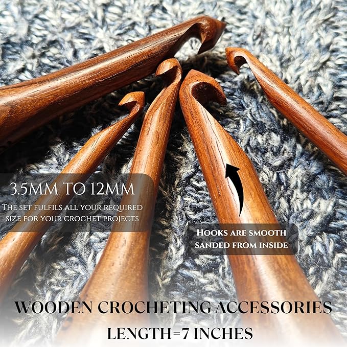 Shesham Wood Crochet Hooks Set of 13 - Sizes 3.5 mm to 12 mm – Premium Wooden Hooks for Knitting and Crocheting | Natural Wood Craft Tools | Perfect Mother's Day Gift