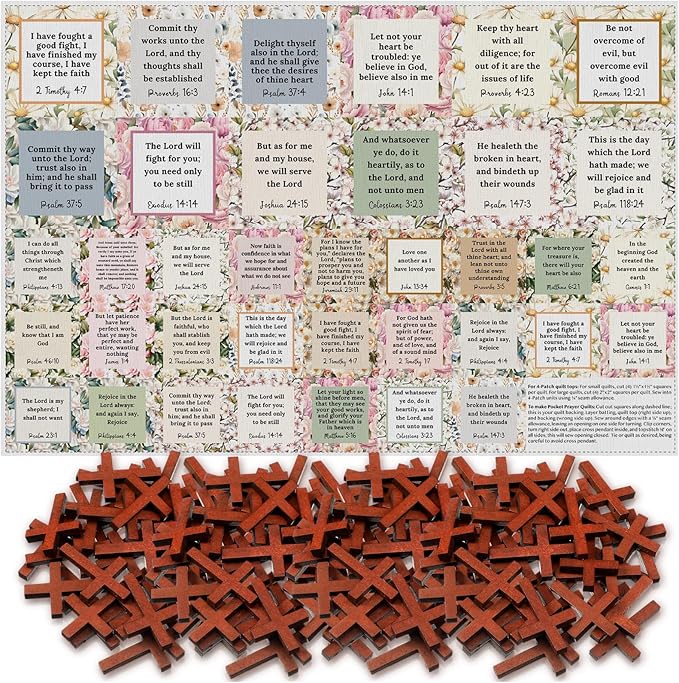 Pocket Prayer Quilt Panel Squares with Small Wooden Crosses Mini Scripture Pocket Prayer Quilt for Friend Family Religious Spiritual Gift Easter Reward Gift(Flora,Brown)