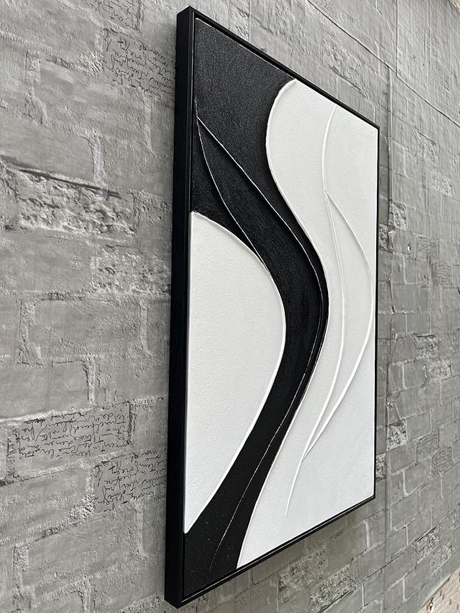 NANKAI Art Hand-Painted Thick Texture White and Black Minimalist Oil Painting 36x24 inch Large Home Wall Decorative Art Oil Painting (with Solid Wood Exterior Frame)