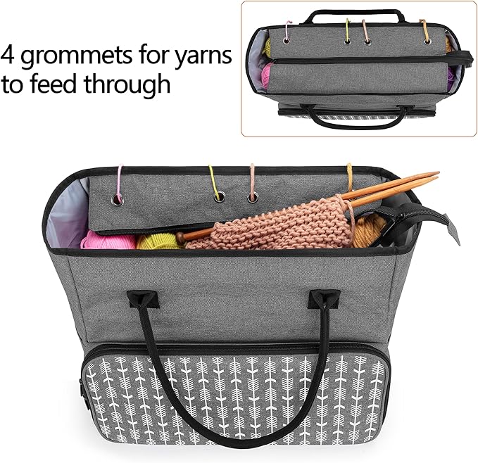 Yarwo Knitting Crochet Bag, Yarn Storage Tote Bag for WIP Projects, Yarn Skeins, Crochet Hooks and Knitting needles, Christmas & New Beginnings Gifts for Women, Gray with Arrow (Bag Only)
