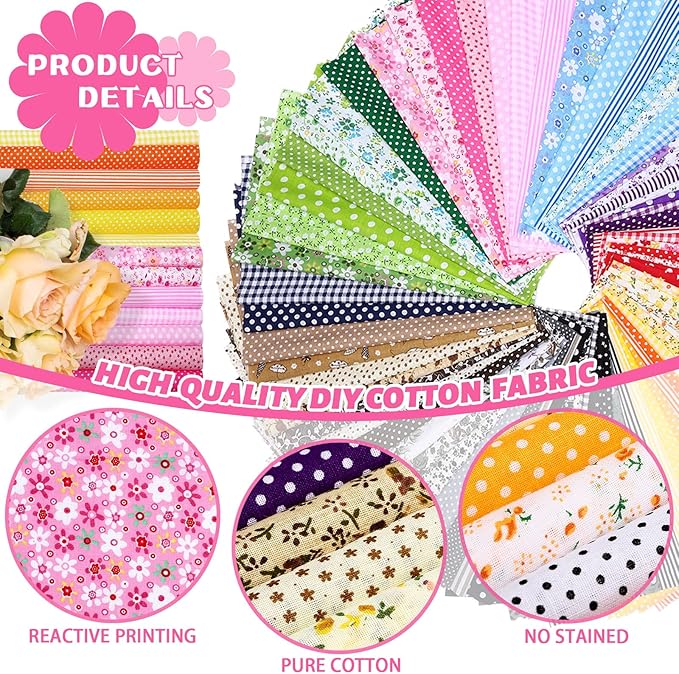 Oudain 100 Pcs 8 x 8 Inch Cotton Fabric Squares Multicolor Precut Quilting Fabric Bundles Floral Patchwork Materials for Holiday DIY Craft Cloths Handmade Sewing Scrapbooking