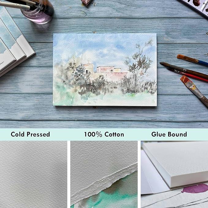 tumuarta Watercolor Pad, 9x12, 100% Cotton, 140 LB, 300 GSM, 16 Sheets, 32 Pages,Acid Free, Cold Press, Watercolor Paper Mixed Media Sketch Books for Watercolors, Acrylic, Gouache, Pencil and More