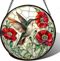 Stained Glass Window Hanging - Green Hummingbird Red Flower Suncatcher for Door Terrace Garden Home Decor Bird Landscape Sun Catcher Birthday Gifts for Lovers Women Men Dad Mom Nana 6.3 in