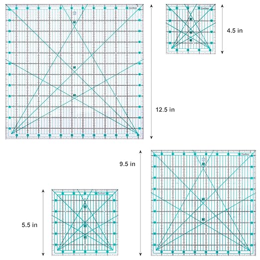 Quilting Ruler and T-Shirt Alignment Tool Set, Square Acrylic Rulers for Quilting and Sewing, Precise Fabric Cutting, Tshirt Ruler Guide (Blue-Simple Package)