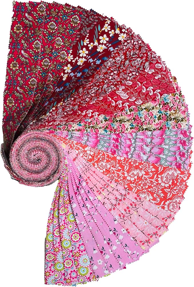 Jelly Roll Fabric 100% Cotton Quilting Fabric, 40 Pre-Cut Strips (2.5 x 44 Inch) for Quilting and Sewing - 10 Assorted Floral Prints-Red Floral