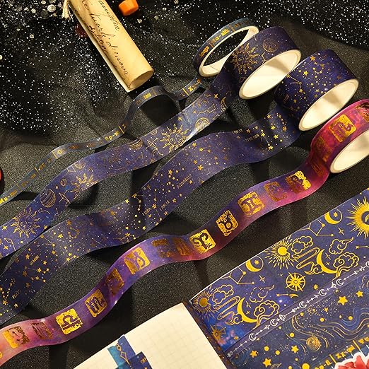 20 Rolls Galaxy Washi Tape Set Stars Arts Adhesive Tapes Gold Silver Foil Decorative Masking Tape Sets for Craft, Kids, Scrapbook, DIY, Gift Wrapping