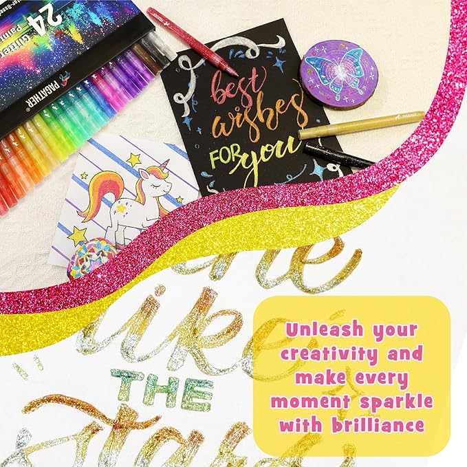 24 Colors Glitter Markers, 0.7mm Extra Fine Tip Sparkling Acrylic Paint Pens for Crafts, Adult Coloring, and DIY Projects on Paper, Rock, Wood, Glass and Fabric