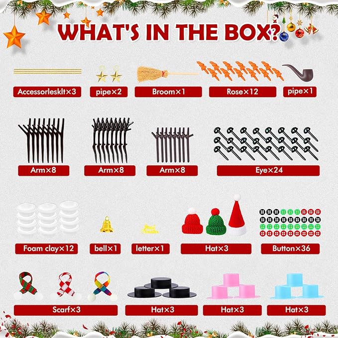 ROUIWEIP 12 Pack Build a Snowman Kit for Kids - Creative Air Dry Clay Christmas Crafts DIY Kit with 120PCS Accessories, Fun Holiday Activity and Stocking Stuffers Gift for Boys and Girls