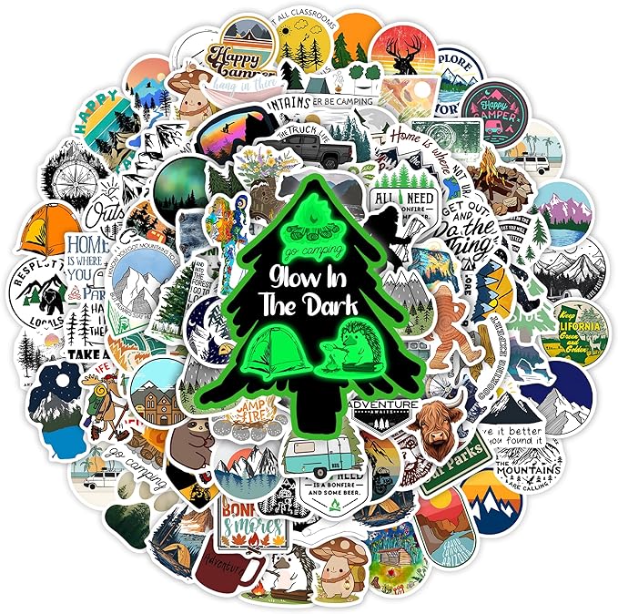 100 Pcs Outdoor Adventure Hiking Camping Stickers for Water Bottle, Waterproof Vinyl Wilderness Nature Travel Wildlife Laptop Decals, Summer Camp Sticker for Teens Adults Kids