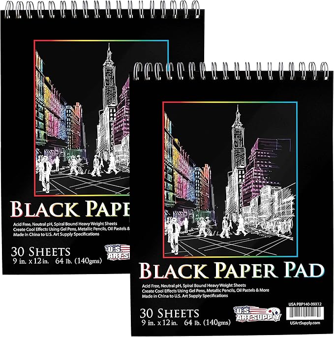 U.S. Art Supply 9x12 Premium Heavy-Weight Black Paper Sketchbook, 64lb (140gsm), 2 Pack, 30 Sheets, Spiral Bound, Black Paper Notebook for Colored Pencil, Markers, Oil Pastels, Chalk, Charcoal