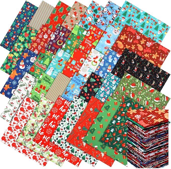 Tudomro 70 Pcs 10 x 10 Inch Christmas Quilting Fabric Squares Santa Gingerbread Man Fabric Bundles Snowman Candy Cane Printed Precut Patchwork Materials for Xmas Winter DIY Crafts Cloths Handmade