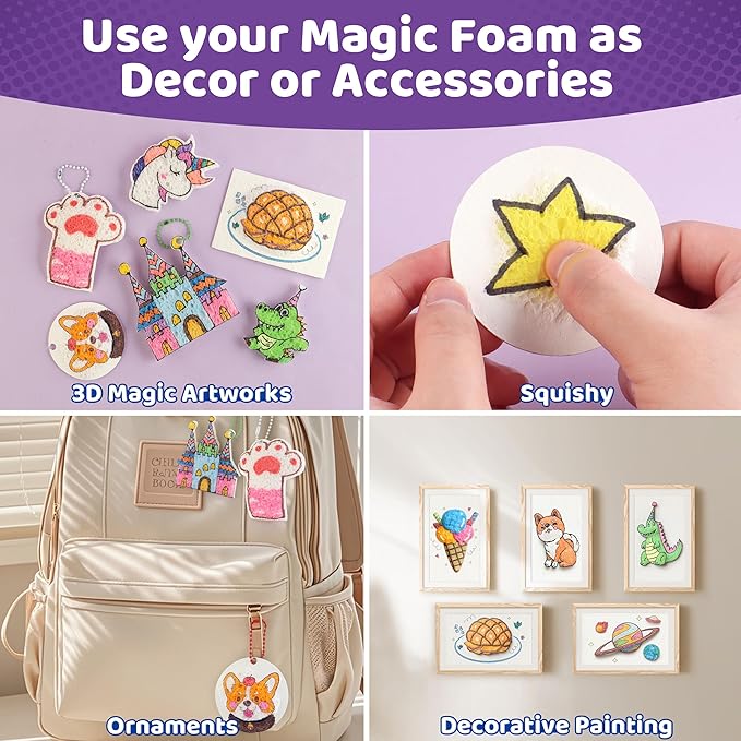 70PCS Magic Foam Texture Painting Kit, Magic Puffy Paint Kit with 30 Foam Texture Paper, 24 Colors Acrylic Paint Markers, Hole Punch Mini Display Stand, 3D Painting Craft Gift for Birthday, Christmas