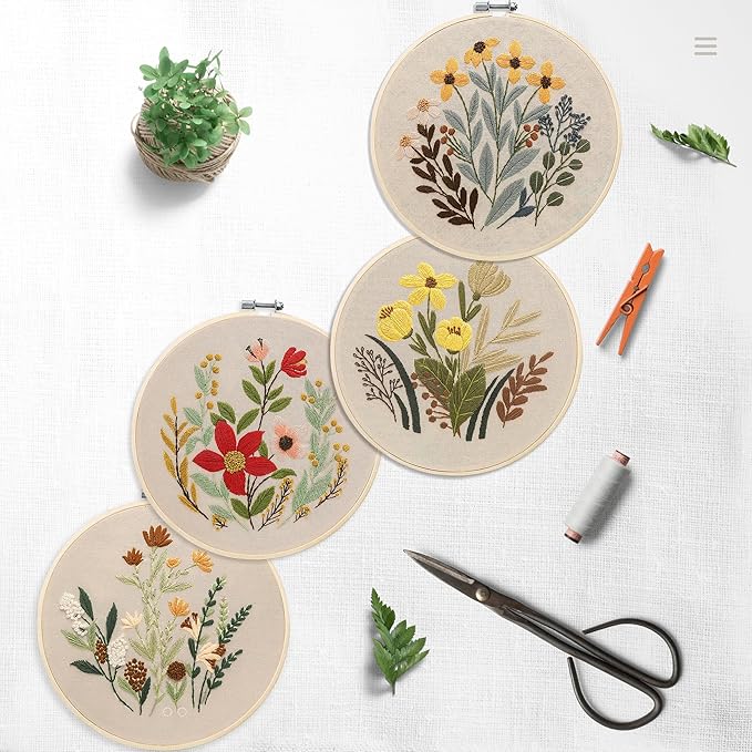 Bonroy 4 Sets Embroidery Set for Beginners, Art Craft, Easy Sewing, Includes Embroidery Clothing, Pattern, Embroidery Hoop, Instruction Manual, Colorful Thread Stitch Set (11)