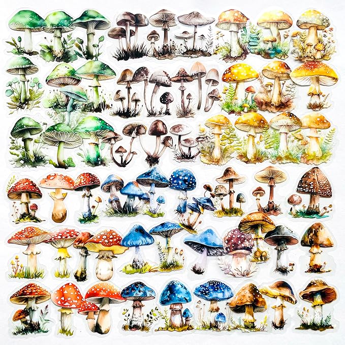 120-Piece Fantasy Mushroom Stickers for Scrapbooking – Vintage Nature Forest Botanical Stickers for Journals, Crafting, Art Projects, Decoration