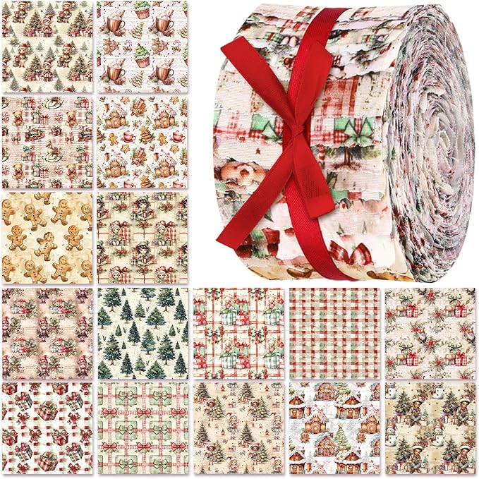 Ganeen 100 Pcs Vintage Christmas Quilting Fabric Roll 2.56 Inch Gingerbread Man Fabric Squares Jelly Patchwork Precut Strips Bundles for Holiday Materials Craft DIY Sewing Cloths