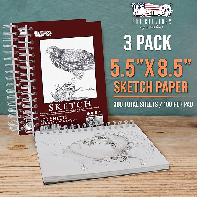 U.S. Art Supply 5.5"x8.5" Sketch Book Pad, 3 Pack (100 Sheets Each), 60lb (100gsm) Spiral Bound - Sketching, Drawing Pad, Acid-Free Paper - Sketch Pads for Adults, Students: Colored Pencils, Charcoal