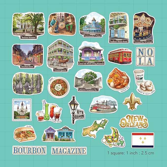 Navy Peony Jazzy New Orleans Travel Stickers (28pcs) - Big Easy, NOLA, America City-Themed Vacation Stickers for Scrapbooking, Journals, Suitcase