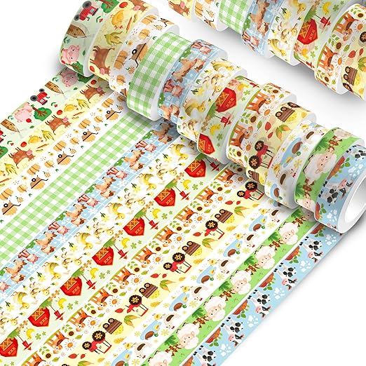 12 Pcs Farm Animals Washi Tape Farm Animals Masking Tape Decorations Farmhouse Cow Sheep Pig Ducks Decorative Paper Sticker for Vintage Journals, Planners, DIY Craft Gift Wrapping