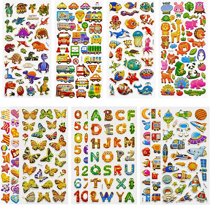 3D Stickers for Kids Toddlers 12 Sheets, 379 Pcs Gold Stamping Puffy Stickers for Boys Girls, Preschool Sticker for Reward, Scrapbooking Including Animal, Letters, Numbers, Dinosaurs, Cars and More
