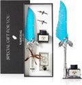 VANGOAL Dragon Quill Pen & Ink Set, Vintage Dragon Feather Dip Pen Gift Set for Writing, Drawing & Desktop Decoration (Ice Blue)