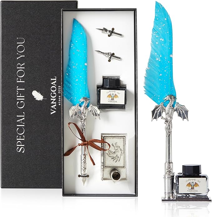 VANGOAL Dragon Quill Pen & Ink Set, Vintage Dragon Feather Dip Pen Gift Set for Writing, Drawing & Desktop Decoration (Ice Blue)