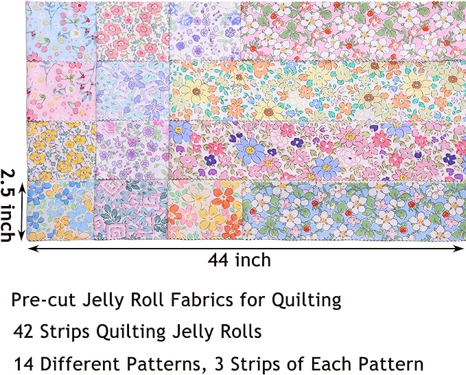 Jelly Roll Fabric Strips for Quilting, Crafting, and Sewing, 42 Strip Bundle, Soft Cotton for Blanket, Rug, Upholstery, Home Decor, and Purse Making, Spring Pastel Floral