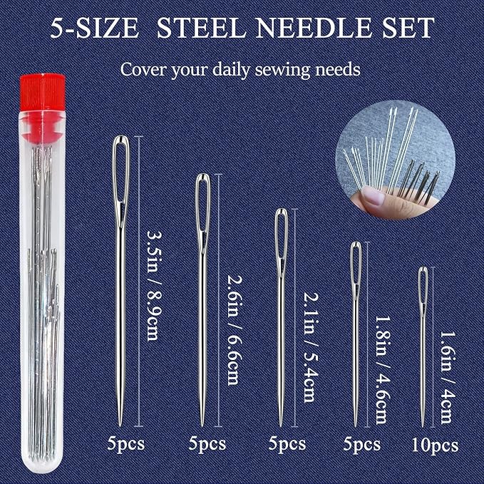 42PCS Big Eye Steel Sewing Needles Kit, Stainless Steel Needles for Hand Sewing Kit, Portable DIY Handcraft Set Include 30 Steel Needle, 6 Rolls of Thread, Seam Ripper, 2 Needle Threader, 2 Thimbles
