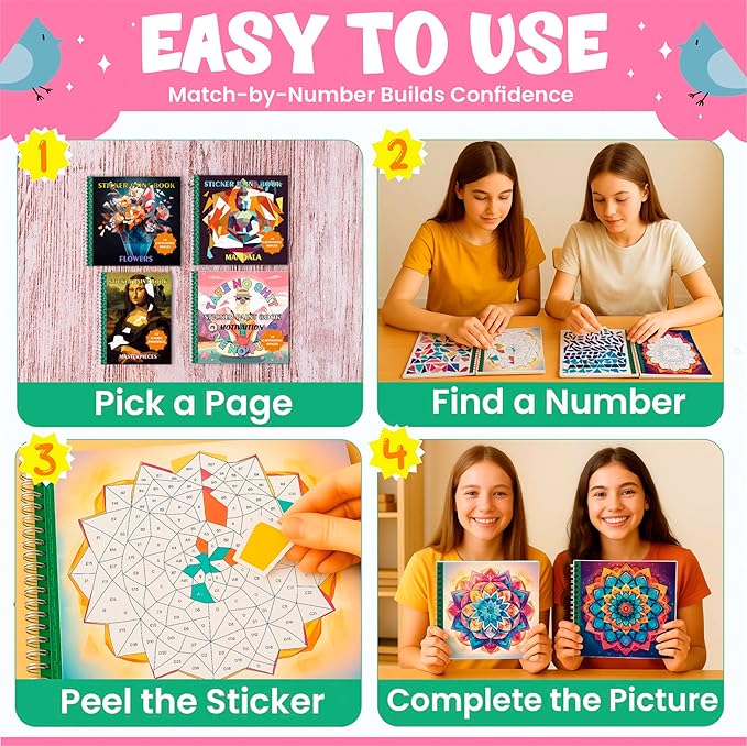 BulbaCraft 4Pcs Sticker Paint Books for Adults - Sticker Books by Number - Coloring Activity for Adults