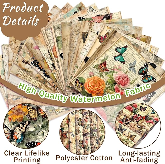 HunnmingRe 20 Pcs 10''x10'' Vintage Butterfly Quilting Fabric Square Retro Butterfly Floral Quiltted Fabric Bundle Multicolor Precuts Printed Patchwork Supplies for Holiday DIY Sewing Craft