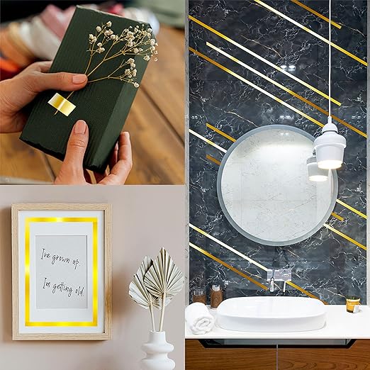 110 Yard Gold Metallic Tape, Sparkle Graphic Tape Water/Tear Resistant Metallic Mirror Wrapping Removable with No Residue for Gift Box Home School Office Decoration, 3/8 Inch x 55 Yards (2 Roll)