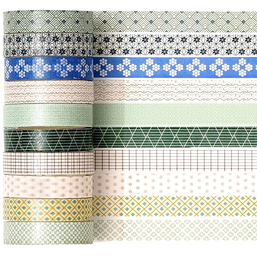 YUBX Simple Geometric Washi Tape Set 20 Rolls Minimal Patterns Decorative Thin Masking Tapes for Arts, DIY Crafts, Journals, Planners, Scrapbook, Wrapping (1 Misty Blue)