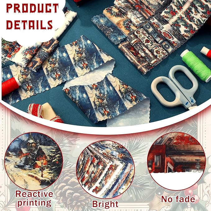 Ganeen 100 Pcs Vintage Christmas Quilting Fabric Roll 2.56 x 20.08 Inch Santa Reindeer Fabric Jelly Square Patchwork Nutcracker Cardinal Precut Strip Bundle for Winter Xmas Craft DIY Sewing Material