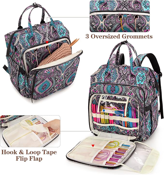 LoDrid Knitting Backpack With Three Oversized Grommets, Travel Yarn Bag With Steel Frame Top, Crochet Organizer for Hooks, Needles, and Other Accessories, Totem