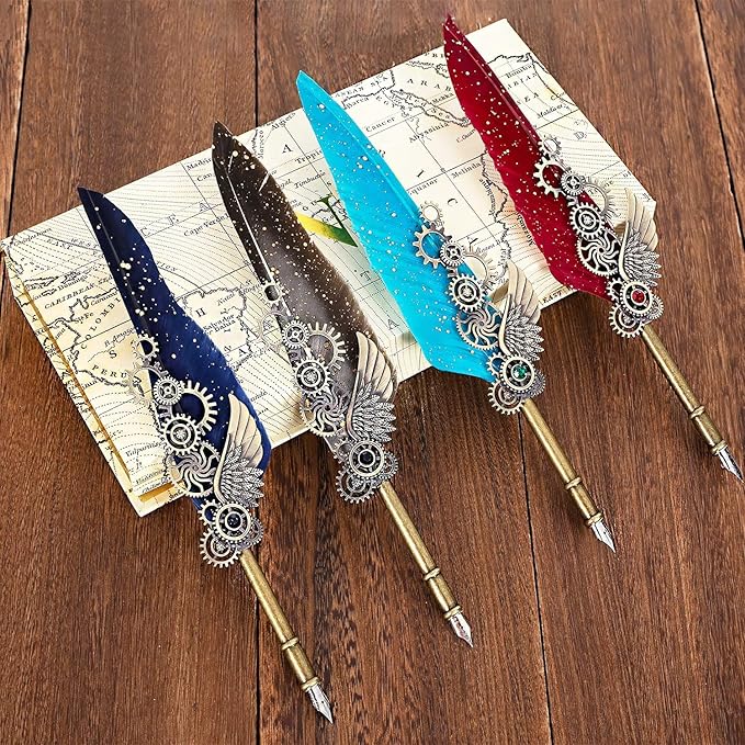 NC Feather Calligraphy Set, Quill Pen Ink Set Includes 5 Bottles of Ink and 6 Replaceable Stainless Steel Nibs, Calligraphy Pen for Writing, Writing Letters, Signing Invitations Etc (Red)