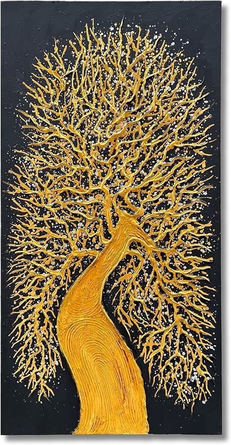 Art Hand-Painted Black and Gold Tree Texture Abstract Oil Painting 48x24-inch Vertical Canvas Painting for Home and Office Wall Decoration Art