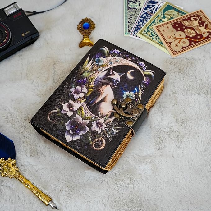 Blank Spell Book of Shadows Journal Little Witch Cat Printed Witchcraft Supplies Wiccan Notebook Handmade Vintage Deckle Paper Grimoire Journal Leather Sketchbook, Drawing Journal (7 X 5)